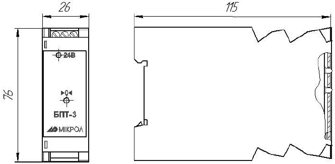 Схема габаритных и установочных размеров преобразователя БПТ-3