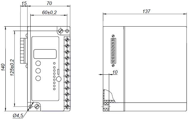 Схема габаритных размеров реле РДЦ-01-057-1 и РДЦ-01-057-2