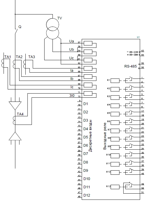 Схема подключения внешних цепей c тремя ТТ к устройству