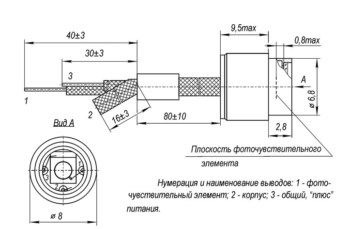 Рис.1 Схема габаритных размеров фотодиода УФД-06